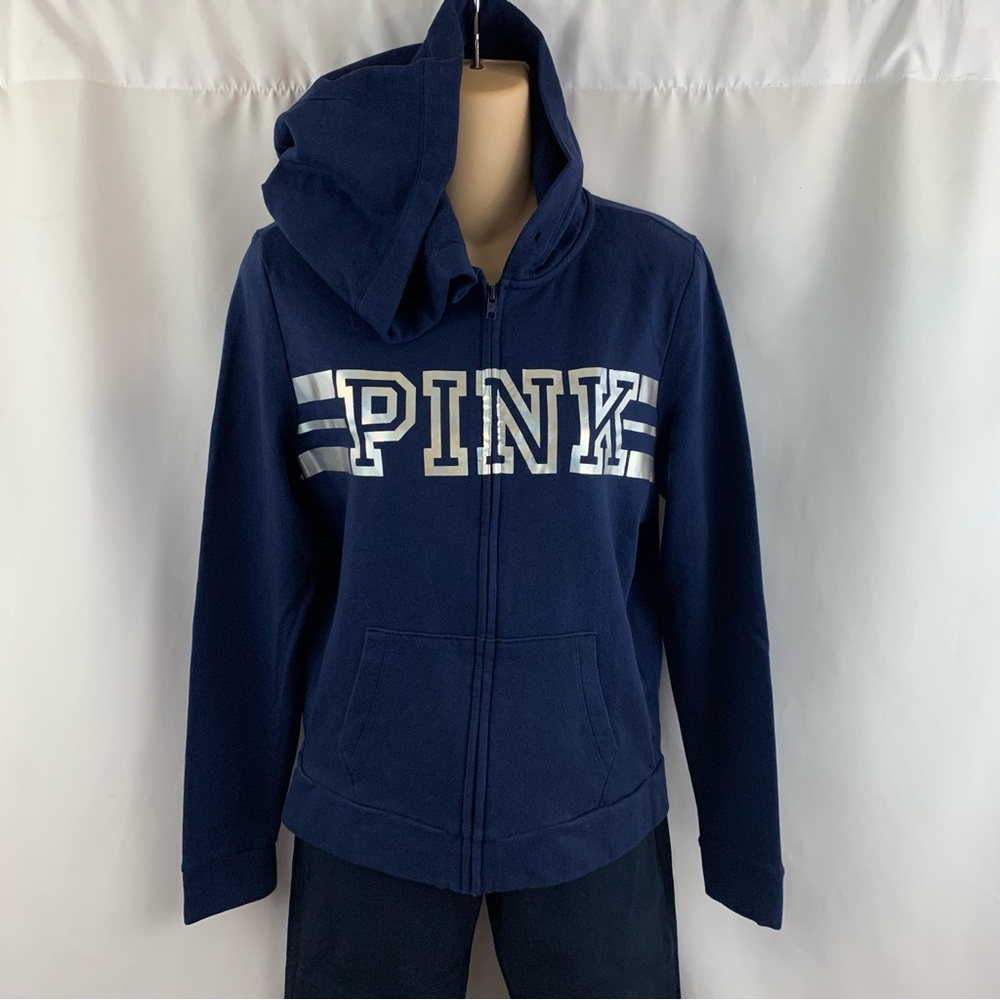 PINK Victorias Secret Silver Decal Logo Zip Front Hoodie Jacket Size Medium